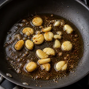 Smashed garlic cloves sauteing in browned chicken drippings for adobo sauce.