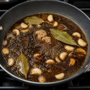 Soy-vinegar adobo sauce boiling with garlic, bay leaves, peppercorns, and brown sugar.