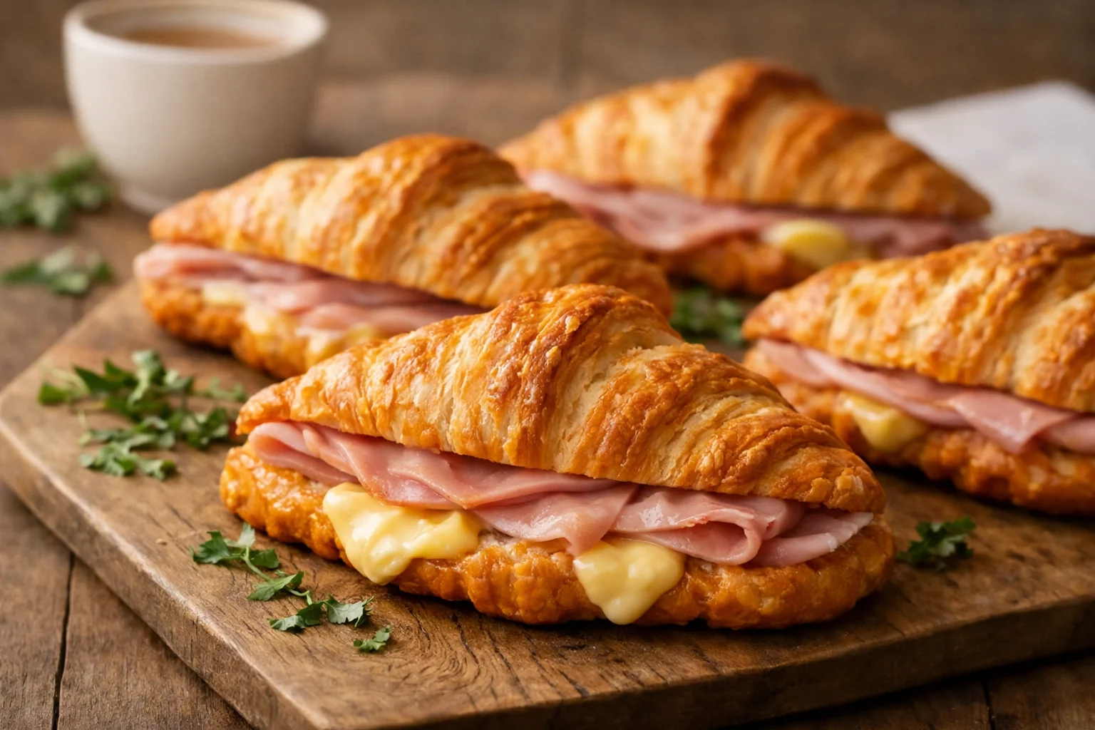 Classic French Breakfast Croissants Filled with Ham and Cheese
