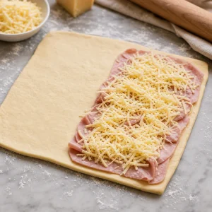 Croissant dough filled with ham and grated cheese