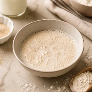 Frothy yeast mixture in warm milk for croissants