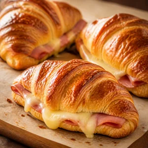 Golden baked ham and cheese croissants