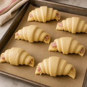 Unbaked ham and cheese croissants on parchment