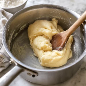 Masa choux removida en un cazo con cuchara de madera