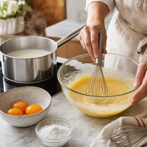 Yemas y azúcar batidas para crema pastelera de vainilla