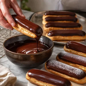 Eclairs rellenos bañados en glaseado de chocolate brillante