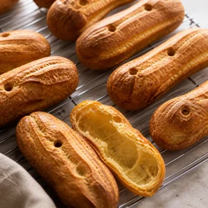 Cubiertas doradas de eclair enfriandose con agujeros de vapor