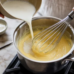 Leche caliente batida en crema de vainilla espesa