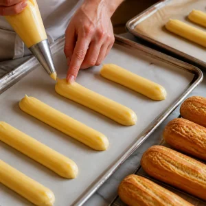 Tiras de masa choux formadas en bandeja con papel