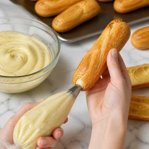 Crema pastelera de vainilla inyectada en eclairs dorados