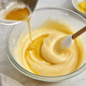 Browned butter poured into glossy madeleine batter