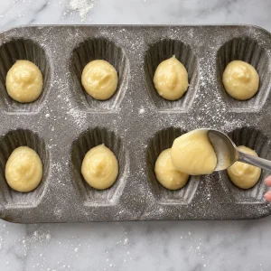 Cold madeleine batter spooned into the centers of shell molds