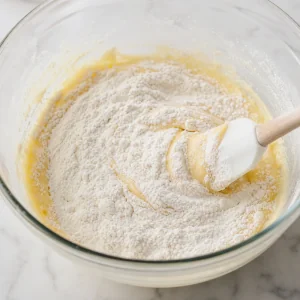 Dry ingredients folded gently into pale madeleine batter