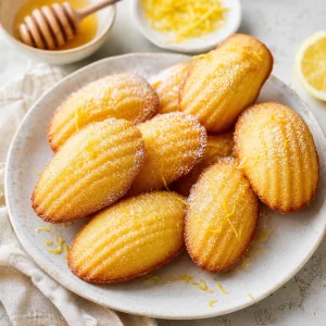 Golden French lemon honey madeleine cookies dusted with powdered sugar