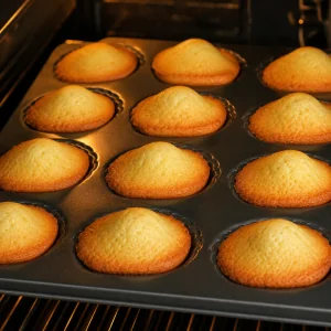Madeleines baking in the pan with golden edges and puffed centers