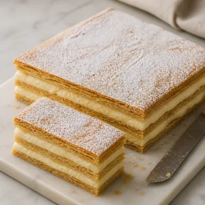 Dusted mille-feuille with a clean cut slice and serrated knife