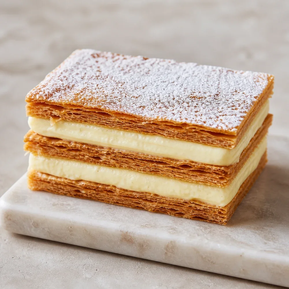 Finished mille-feuille with golden pastry layers and vanilla cream