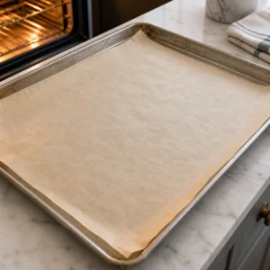 Parchment-lined baking sheet ready for puff pastry