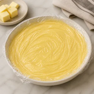 Pastry cream covered with plastic wrap pressed on the surface