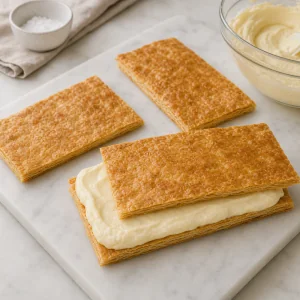 Puff pastry rectangles layered with vanilla cream during assembly