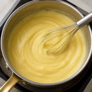 Thick vanilla pastry cream holding whisk marks in a saucepan