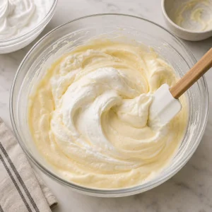 Whipped cream folded into chilled vanilla pastry cream