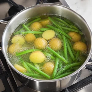 Baby potatoes boiling with haricots verts for Niçoise salad