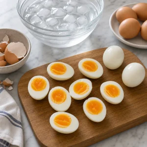 Jammy boiled eggs peeled and halved for Niçoise salad