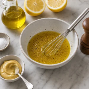 Lemon Dijon vinaigrette whisked with olive oil and black pepper