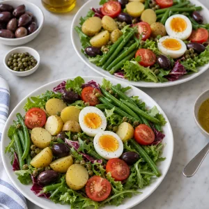Niçoise salad plates assembled with greens potatoes beans tomatoes olives capers and eggs