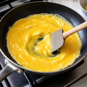 Beaten eggs stirred in circles with a spatula in the buttered skillet