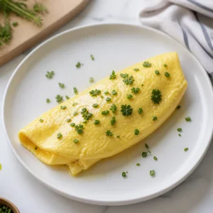 Finished glossy French omelet on a white plate garnished with fresh herbs
