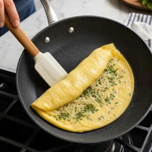 French omelet folded over the Gruyere and herb filling with a spatula