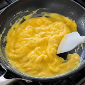 Soft wet scrambled eggs beginning to set in the skillet
