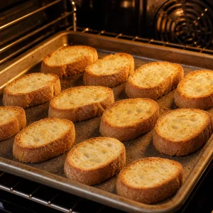 Baguette slices toasted in the oven until crisp and golden.