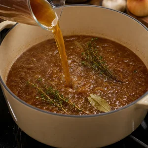Beef stock, thyme, and bay leaf added to the onion soup pot.