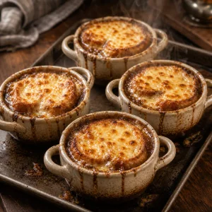Broiled French onion soup with melted bubbly Gruyere cheese.