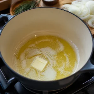 Butter melting with olive oil in a Dutch oven for French onion soup.
