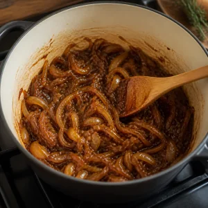Deeply caramelized onions being stirred in a Dutch oven.