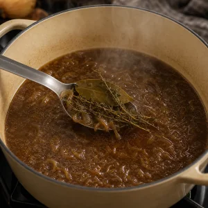 French onion soup simmering as thyme and bay leaf are removed.