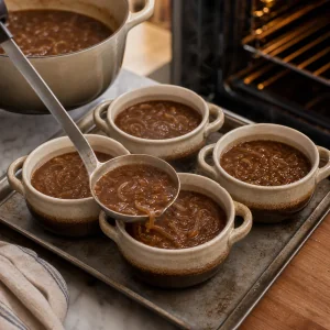 Hot onion soup ladled into oven-safe bowls on a baking sheet.