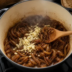 Minced garlic added to caramelized onions in the pot.
