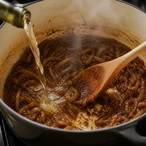 Sherry poured into caramelized onions to deglaze the pot.