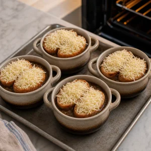 Toasted baguette and shredded Gruyere placed on bowls of onion soup.