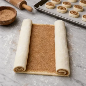 Uma segunda folha de massa folhada e preparada e enrolada para outra fornada de palmiers