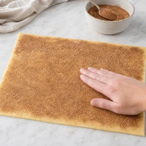 Acucar com canela e polvilhado sobre a massa com manteiga e pressionado para aderir
