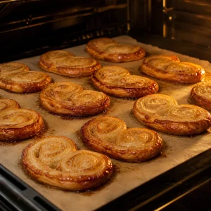 Os palmiers assam ate ficarem folhados dourados e caramelizados nas bordas