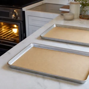 Assadeiras com papel vegetal sao preparadas enquanto o forno aquece para palmiers