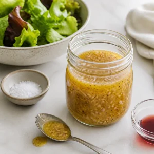 Finished shallot Dijon vinaigrette is ready to taste, adjust, serve with greens, or refrigerate.