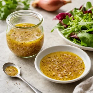 Golden French vinaigrette with minced shallots, Dijon mustard, and black pepper in a glass jar beside fresh greens.